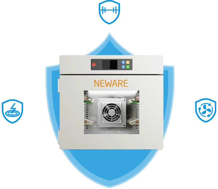 NEWARE-WHW-25L-S-16CH Battery Tester features power-down data protection, short circuit protection, and abnormal monitoring of the circulating fan operation