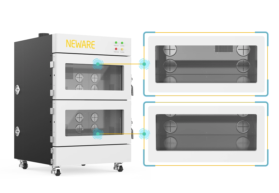 NEWARE-WFB-220L-2K-Explosion Proof Chamber-battery tester-Each zone is equipped with three explosion-proof bars, two on the left side and one on the right side. The explosion-proof chamber is fitted with a explosion-proof transparent window to provide the protection for testing personnel if battery explosion happened