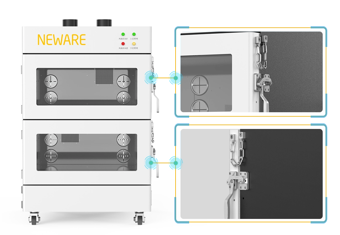NEWARE-WFB-220L-2K-Explosion Proof Chamber-battery tester-Each zone is equipped with three explosion-proof bars, two on the left side and one on the right side. The explosion-proof chamber is fitted with a explosion-proof transparent window to provide the protection for testing personnel if battery explosion happened